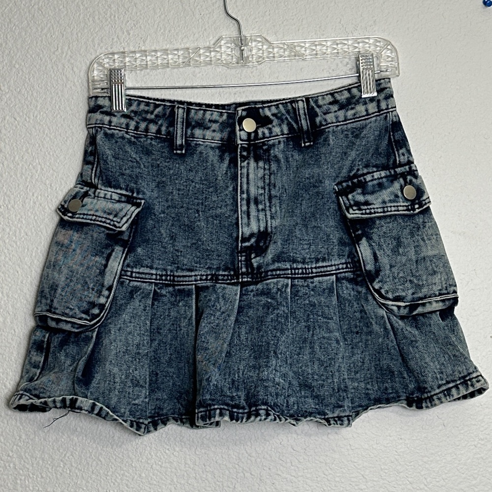 SHEIN Denim‎ Coquette Jean Skirt Womens Medium Stretchy Pockets Mini Short